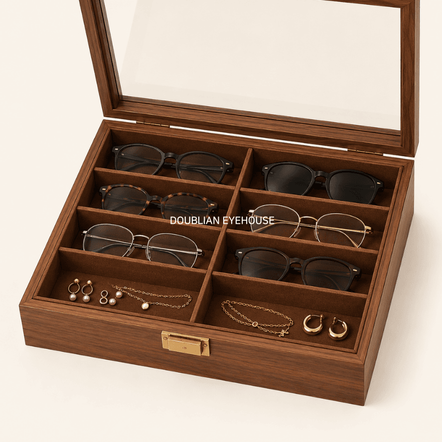 [DOUBLIAN] 안경 보관함 8칸 투명 덮개 안경 선글라스 주얼리 수납함 Wood Brown
