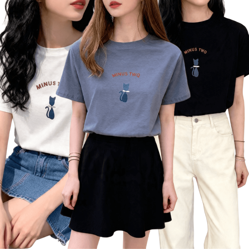 SERAFINA 여성 러블리 고양이 라운드 반팔 티셔츠